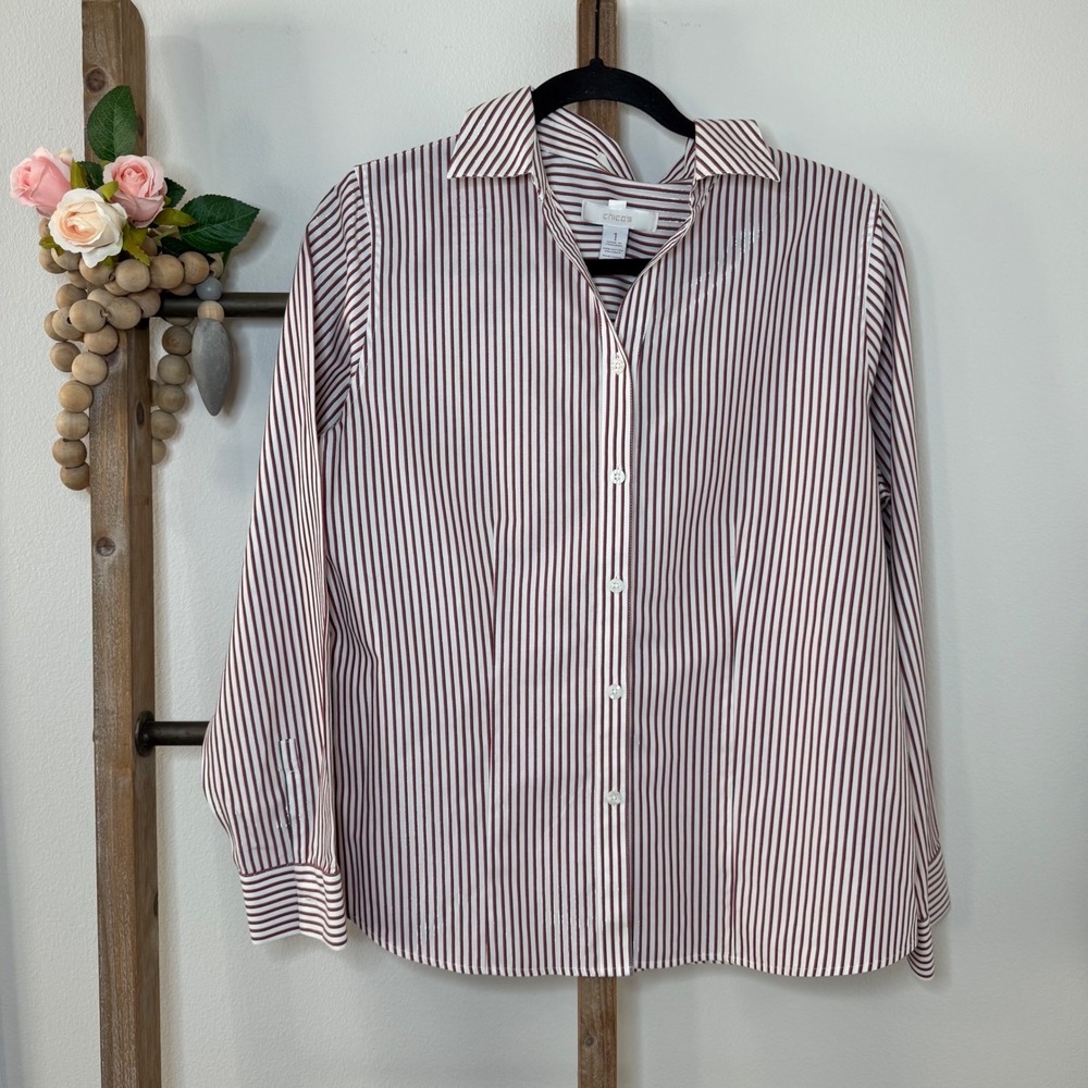Chicos Striped No Iron Sparkle Button Up Shirt Women's Size 1 Red White Black - Picture 1 of 9